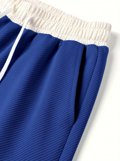 Men's Casual Color Block Polyester Summer Shorts with Drawstring