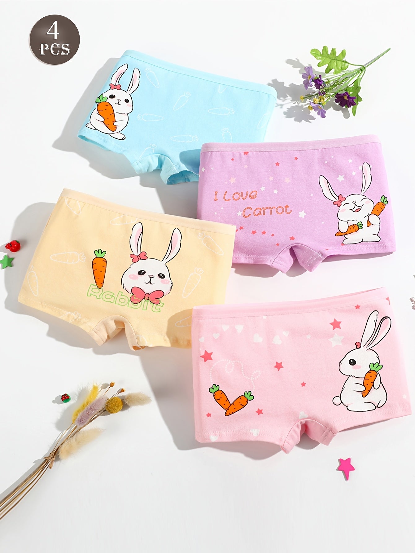 Girls' Cotton Briefs with Cute Rabbit Print – 4 Pack