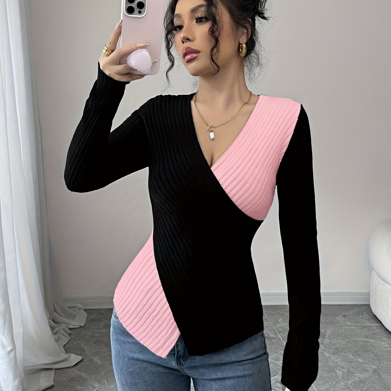 Women'S Elegant Color Block Long Sleeve T-Shirt - V-Neck, Slim Fit, & Pink, Comfortable & Stylish for Spring/Fall, Versatile Casual or Dressy Outfits, Versatile Fashion | Vneck Top | Construction, Ladies T Shirts