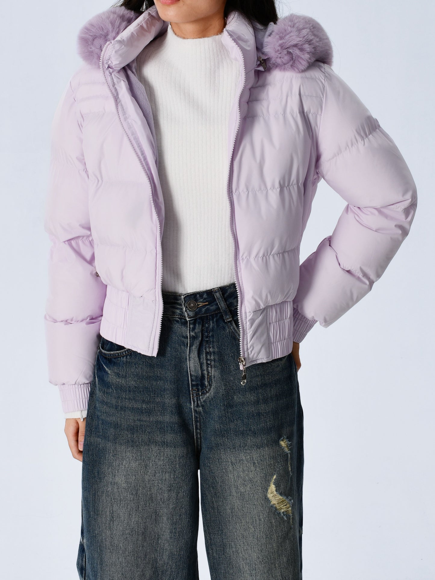 Elegant Polyester Padded Jacket for Women - 2024 Fashion Short Solid Color Coat with Thick Faux Fur Collar, Long Sleeves, Zipper Detail, Woven - Winter Warmth Casual Outerwear