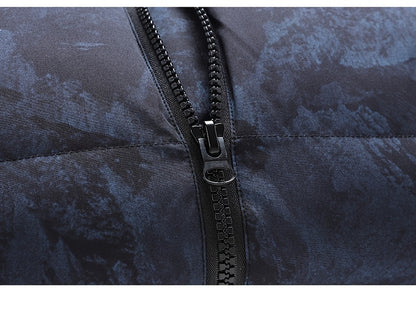 Men's Winter Jacket Windproof Coat with Stand Collar & Camo Marbled Pattern (Black/White/Grey) - Thickened Padded, Full-Zip Closure, for Skiing,, Outdoor Activities - Cold Weather Survival
