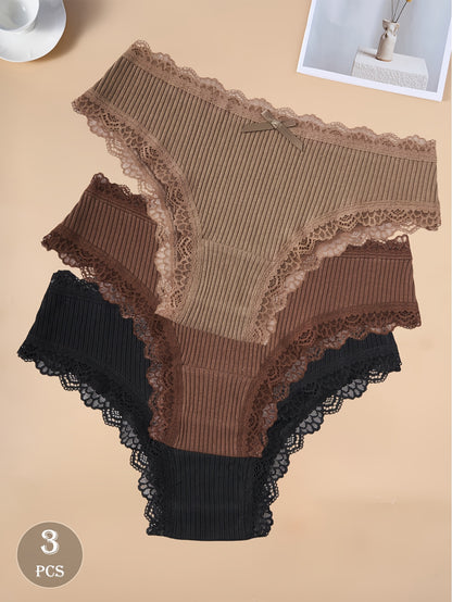 3-Pack Dark Cotton Women's Briefs with Lace Trim and Bow