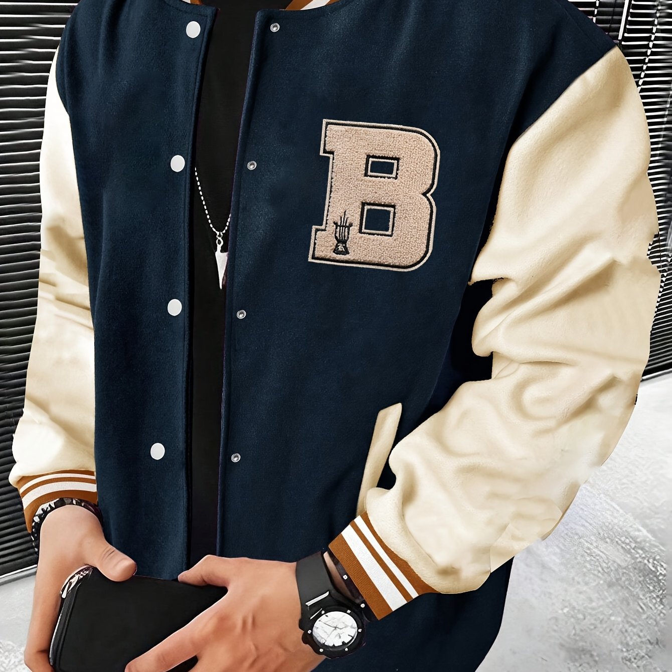 Men'S Baseball Jacket with Letter B Lettering - Navy & Golden Accent Casual Streetwear, Button-Front Closure, Regular Fit Fall/Winter Outerwear, Baseball Jacket