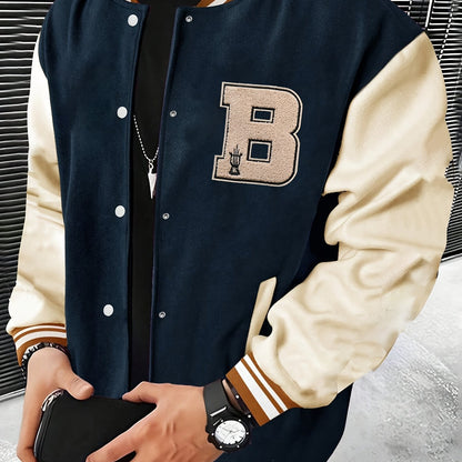 Men'S Baseball Jacket with Letter B Lettering - Navy & Golden Accent Casual Streetwear, Button-Front Closure, Regular Fit Fall/Winter Outerwear, Baseball Jacket