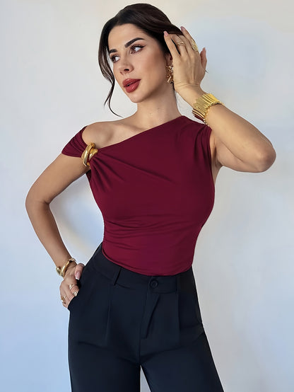 Women’s Casual Elegant Burgundy Asymmetrical Shoulder Top