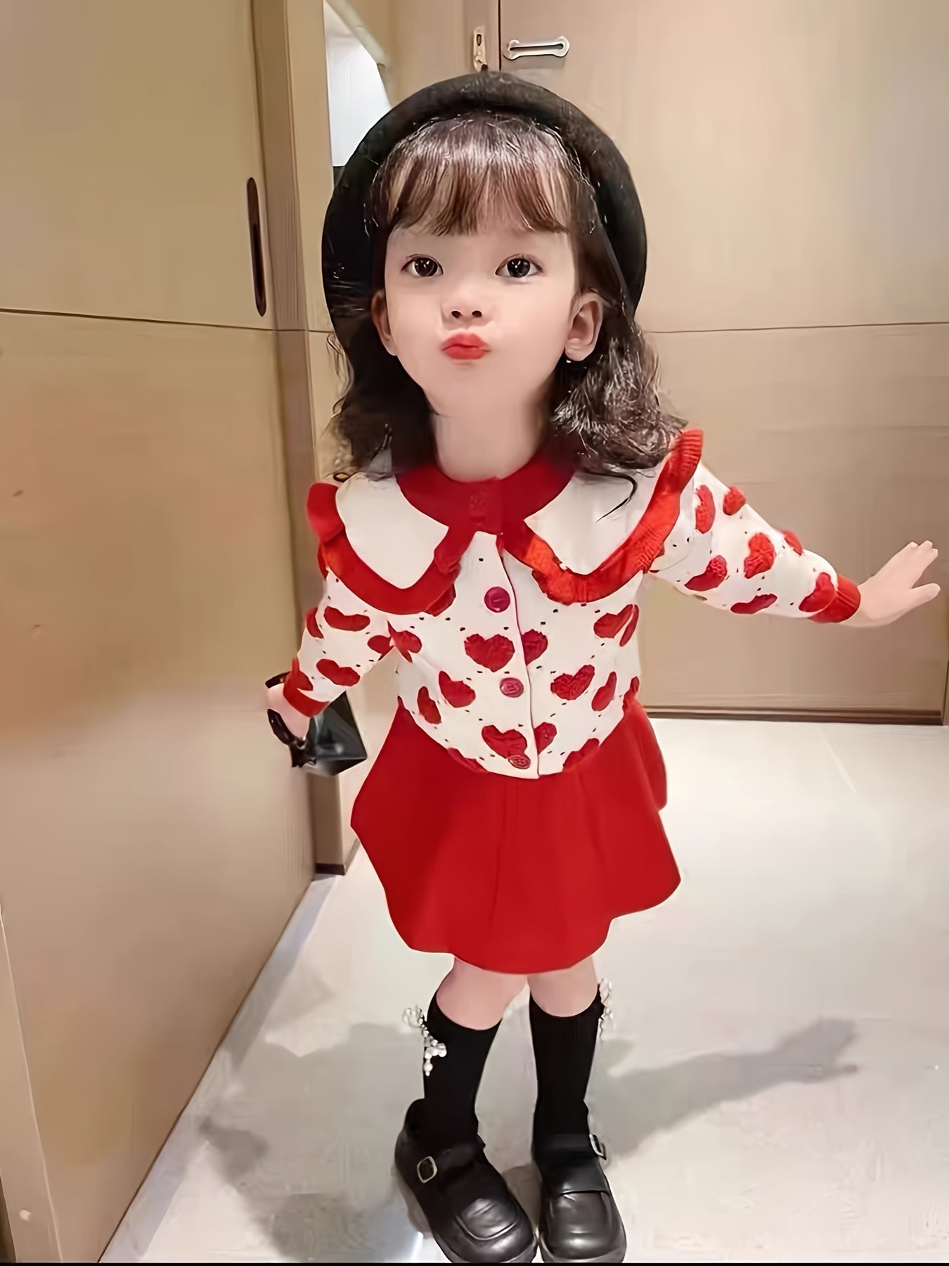 Girls' Red & White Knitted Dress with Ruffled Collar & Heart Patterns - Slim-Fit All-Season Party Wedding Outfit, Elastic Button-Front Bodice & Flared for New Year's Performances ( to)