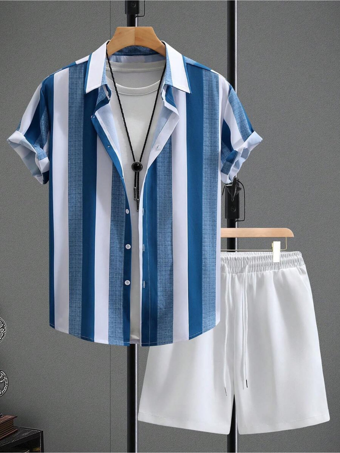 Men's Casual Striped Short-Sleeve Shirt & Shorts Set