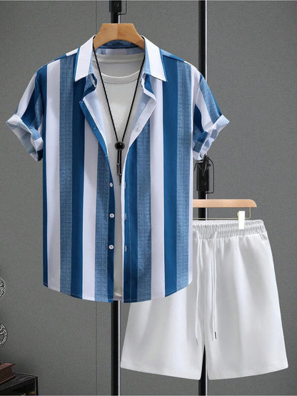 Men's Casual Striped Short-Sleeve Shirt & Shorts Set