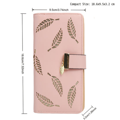 Perfect Christmas Gift for Her: Elegant Women's Long Wallet with Hollow Leaf Pattern & Gold Metal Pendant, Detachable ID Window, Zipper Coin Purse, Multiple Card Slots - Stylish PU  Clutch in Khaki, Blue, Black, Brown, Pink