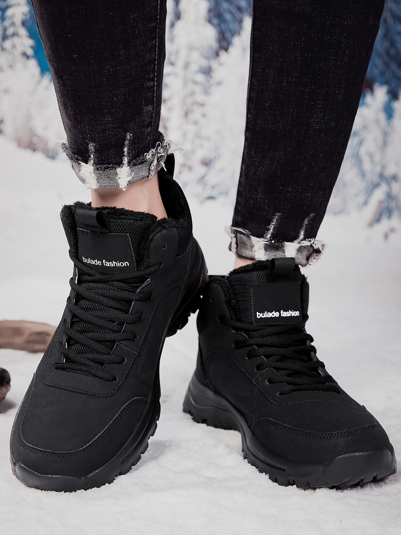 Men'S Mid-Top Winter Snow Boots - Lightweight, Non-Slip, Warm Plush Lining, Durable MD Sole, Black Workwear & Street Style for Outdoor Sports, Hiking, and Daily Leisure, Winter Boots, Hiking Footwear, Sleek Boot Design, Flexi