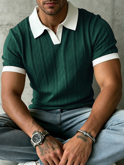 Men's Jacquard Knit Short Sleeve Polo with Contrast Collar