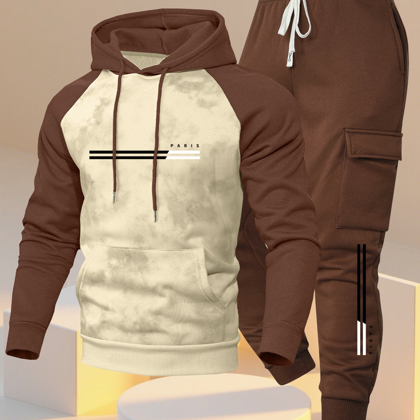 A New Trendy Color-Blocked Hoodie with Raglan Sleeves And Loose-Fitting Cargo Pants Featuring Multiple Pockets, Perfect for Casual Everyday Wear. This Breathable Hoodie And Loose Long Pants Set Comes in a Two-Piece Print Desi
