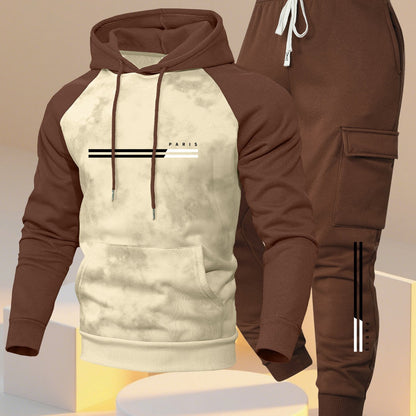 A New Trendy Color-Blocked Hoodie with Raglan Sleeves And Loose-Fitting Cargo Pants Featuring Multiple Pockets, Perfect for Casual Everyday Wear. This Breathable Hoodie And Loose Long Pants Set Comes in a Two-Piece Print Desi