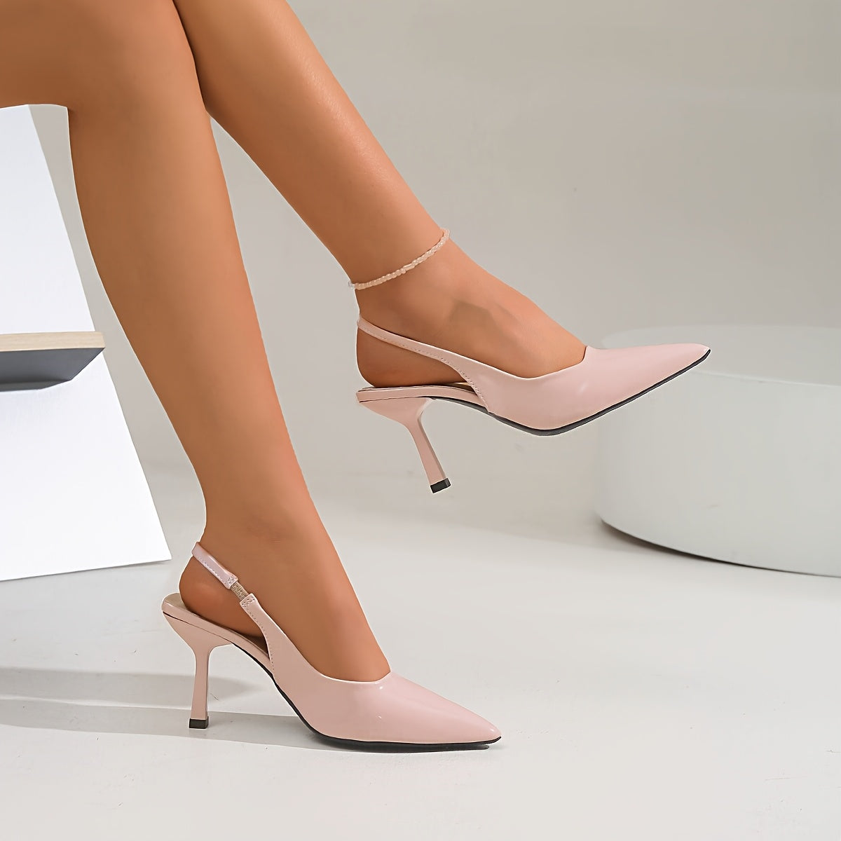Women’s Pointed Toe High Heels with Glossy Accent and Open Back