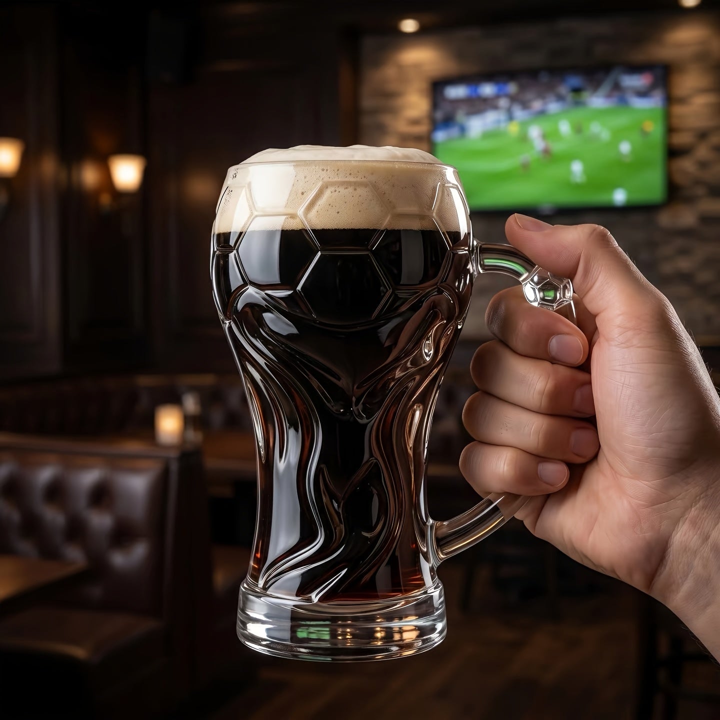 Thick Glass Beer Mug with Hercules Soccer Strap Handle, Large Capacity