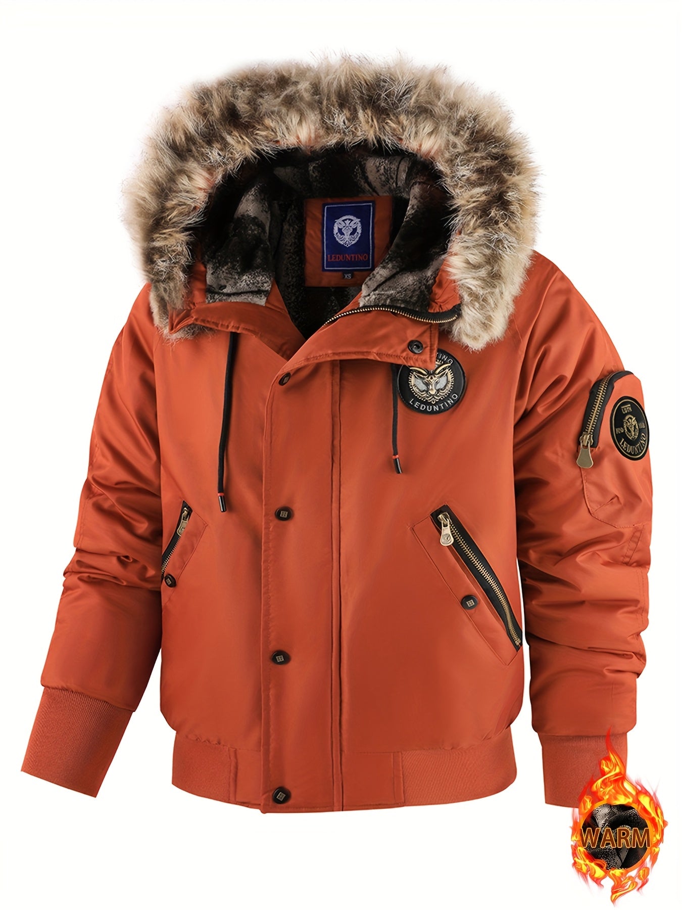 Men'S Winter Jacket with Full-Zip Closure, Hooded Insulated Coat - Bright Orange Cold Weather Outerwear, Zippered Pockets & Hood - Non-Stretch Fabric for Hiking, Commuting, Everyday - Fall/Winter Jacket for Adults, Outdoor Ac