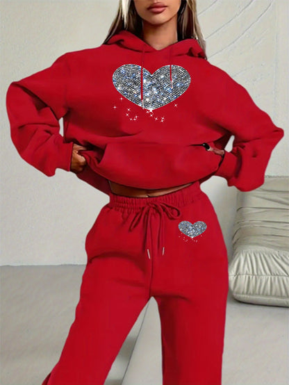 Ladies' Autumn-Winter Casual Hooded Sweatshirt and Pants Set with Shiny Heart Print | Comfortable Fleece-Like Feel, Drawstring Details