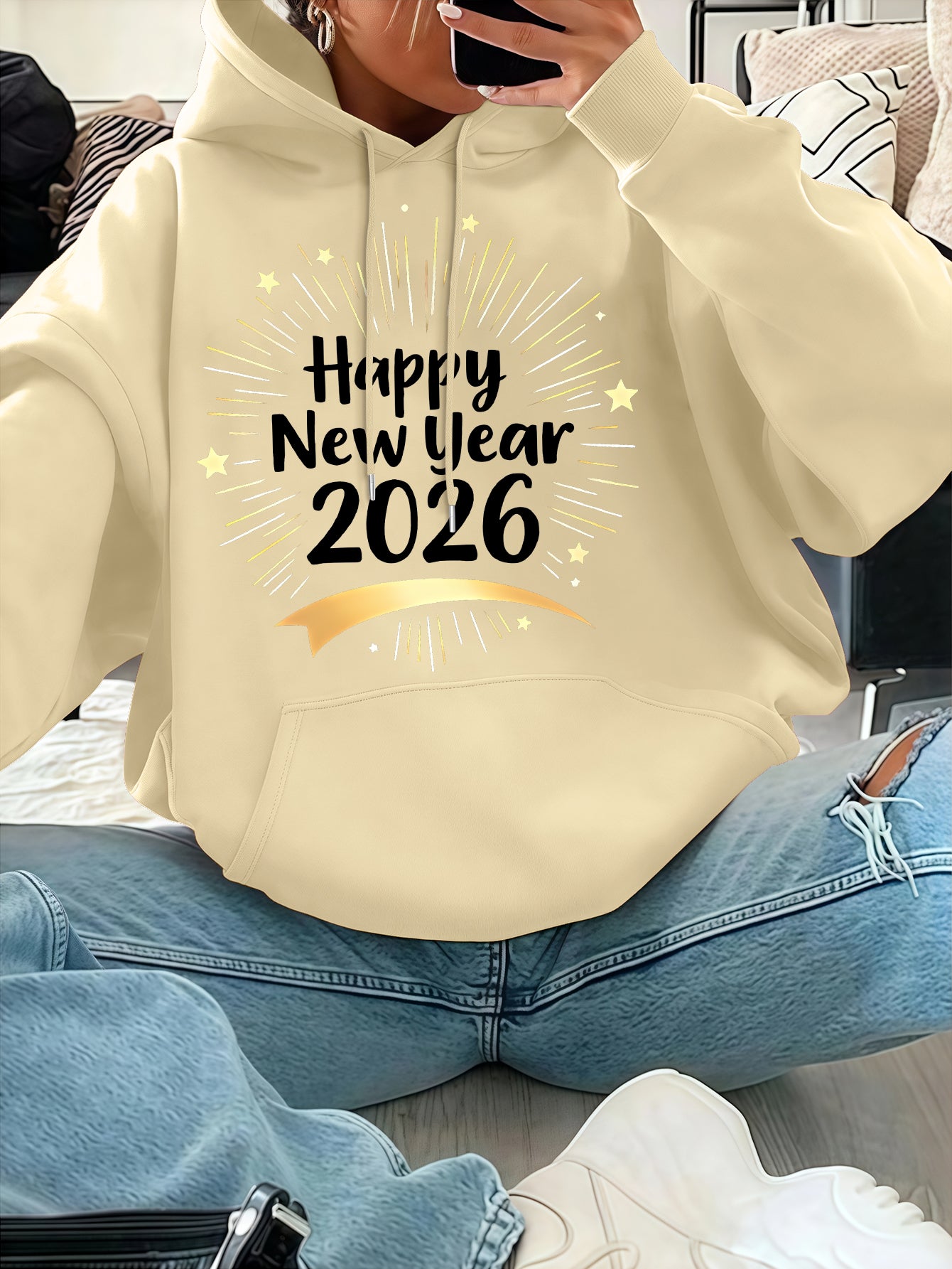 Women'S Pink "Happy New Year 51.46meter Print Hoodie - Cozy Casual Pullover with Golden Glittery Lettering, Long Sleeves, and Drawstring Hood, Perfect for Winter Celebrations, Winter Hoodie | Festive Print Hoodie | Stretchy F