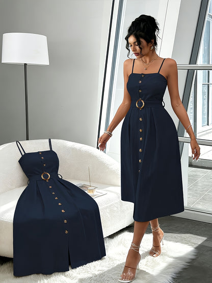 Elegant Sleeveless Midi Dress with Button Detail for Women