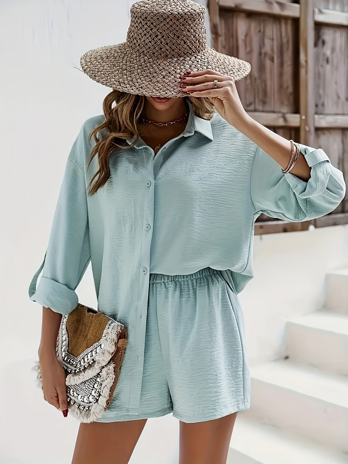 Women's Casual Summer Long Sleeve Shirt & Elastic Waist Shorts Set