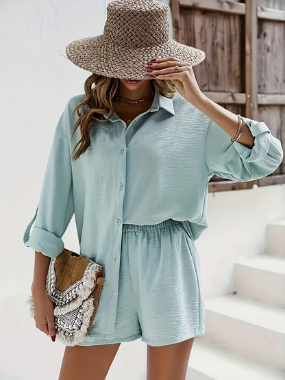 Women's Casual Summer Long Sleeve Shirt & Elastic Waist Shorts Set