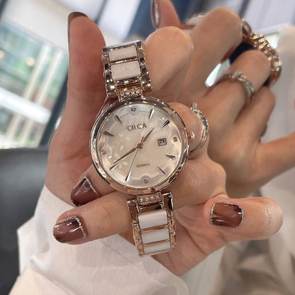 Elegant Women's Quartz Watch with Ceramic Band and Stainless Steel Cas