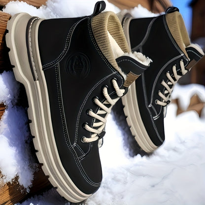 Men's Winter Snow Boots with -Like Collar & Thick Ankle - Upper, PVC Traction Tread, Lace-Up Ankle-High Trekking Boots for Ice, Snow, Hiking, - Warm Outdoor & Casual