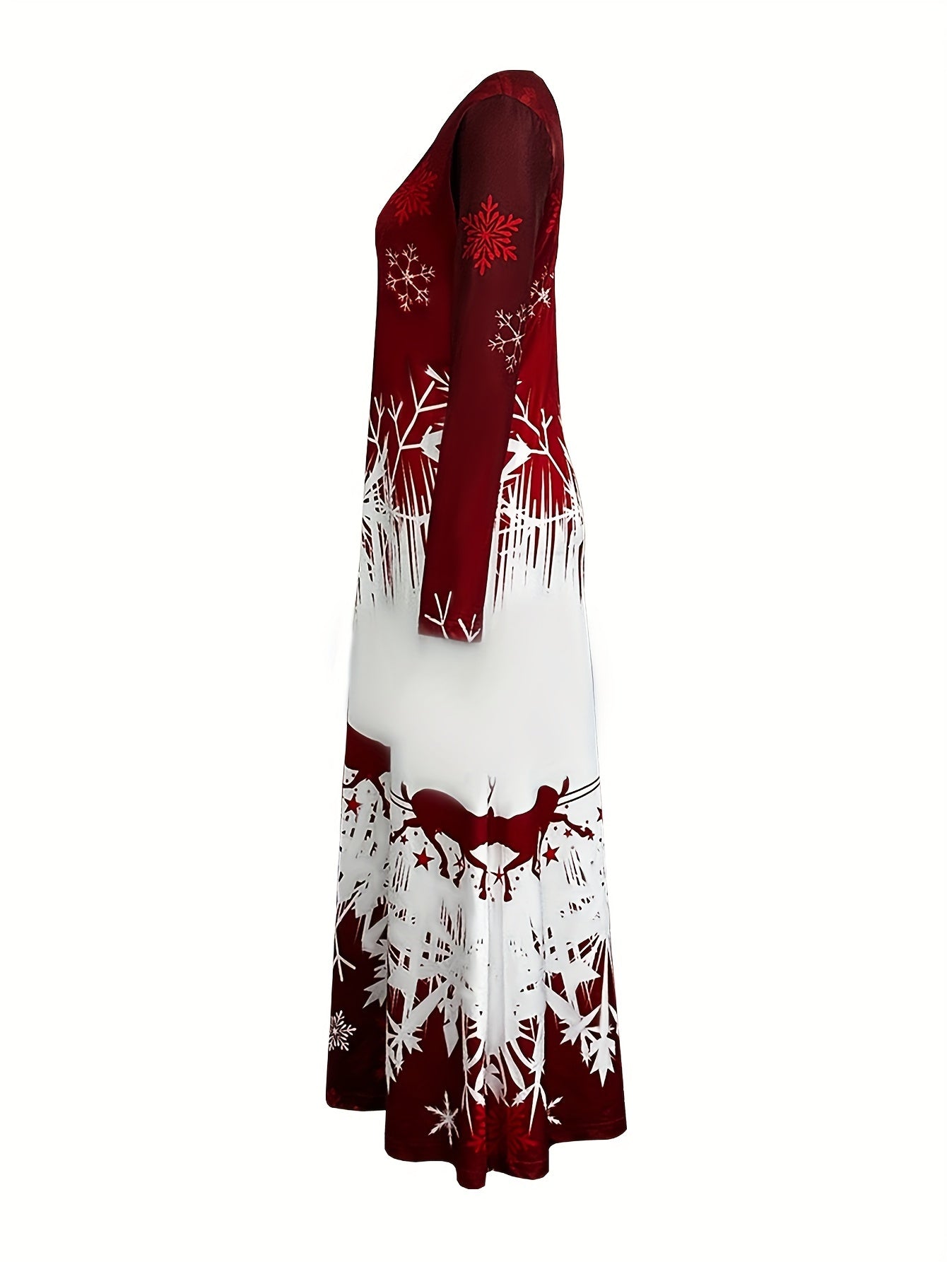 Spring and Autumn New Christmas Reindeer Print Casual Long Sleeve Round Neck Dress, Best for Christmas