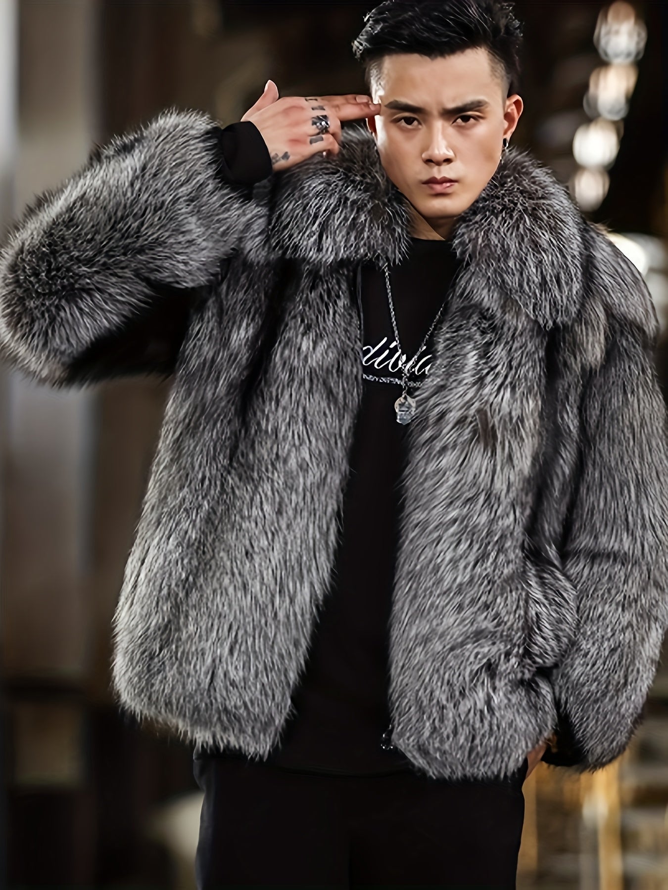 Men'S Faux Fur Coat with Imitation Fur Lining, Square Neck Zipper Short Winter Windproof Warm Loose Casual Jacket for Young Style