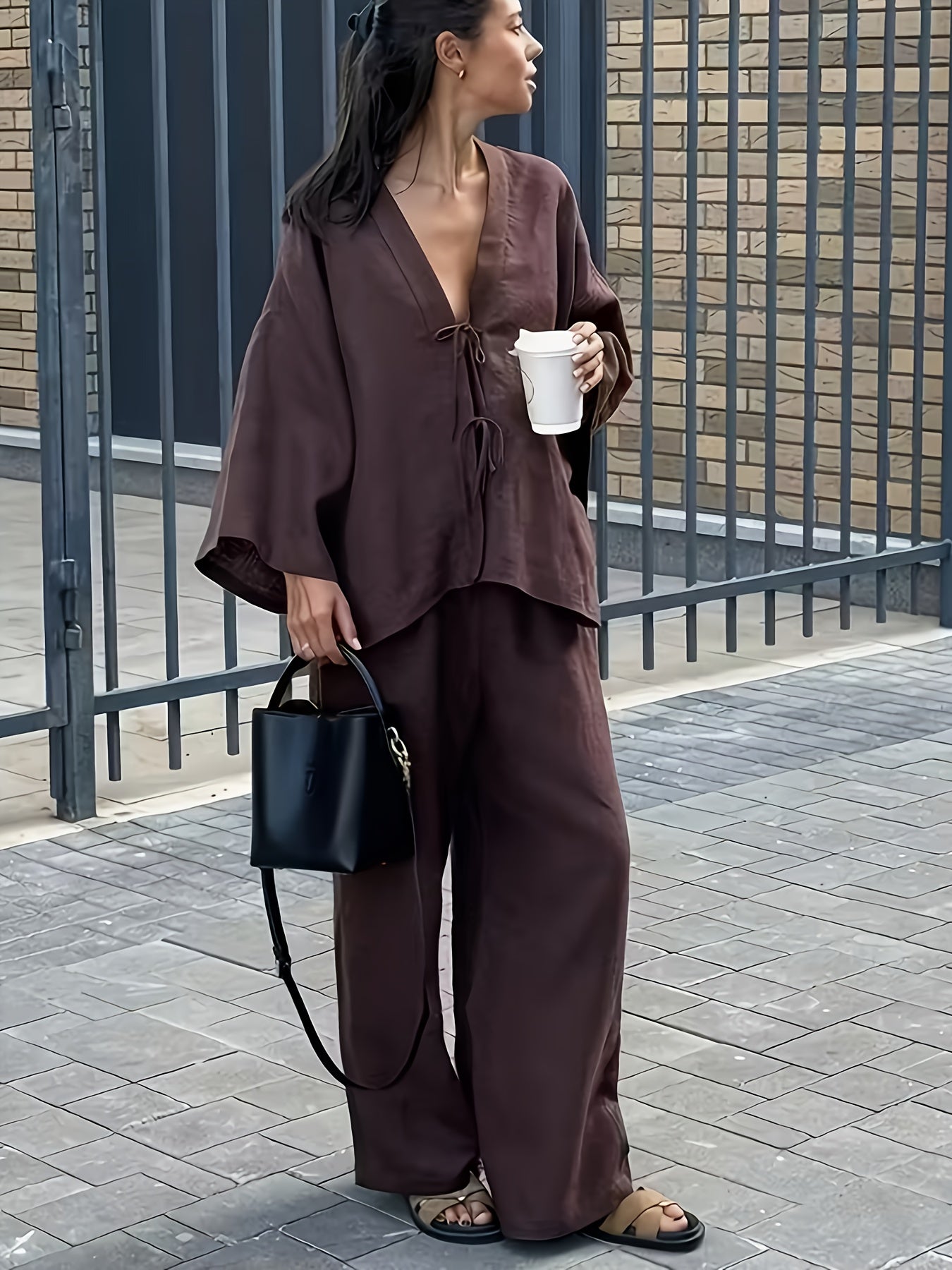 Women's Casual Spring/Summer V-Neck Top & Wide-Leg Pants Set