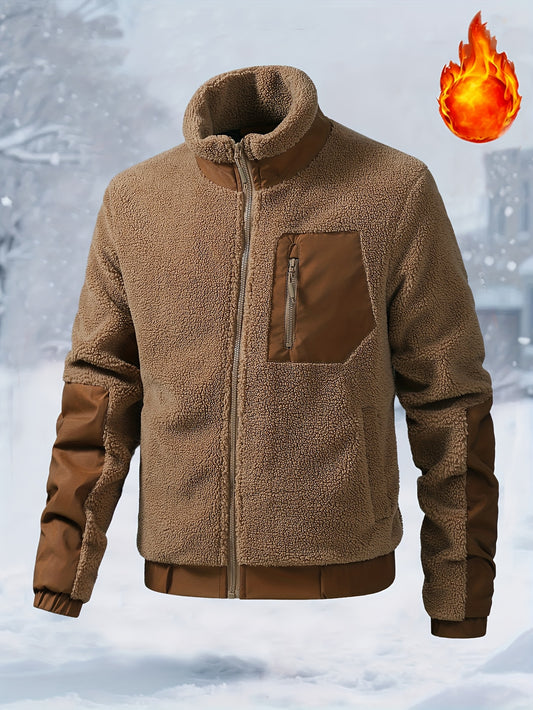 Men'S Heavyweight Fleece Jacket - Thermal Winter Coat with Stand Collar, Zipper Closure, Front Pockets - Brown/ - Cold Weather Outerwear for Everyday & Formal, Winter Jacket, Casual Outerwear, Durable Polyester, Seasonal Fash
