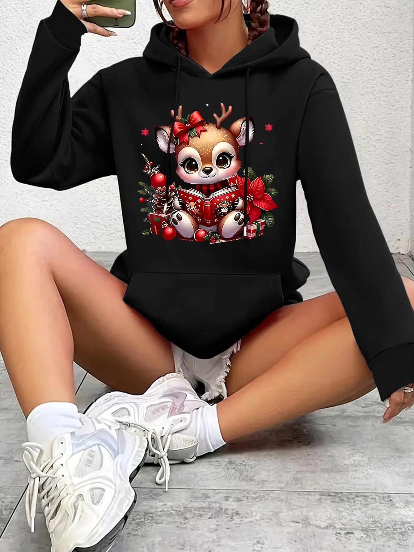 Women's Cozy Winter Hooded Sweater - Cute Deer & Reindeer Print with Hearts & Bows, Soft Warm Pullover, Machine Washable Casual Christmas Sweater for Holiday Parties & Casual Attire (Brown/White/Black) - Festive Deer Design,