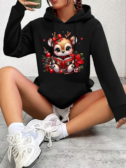 Women's Cozy Winter Hooded Sweater - Cute Deer & Reindeer Print with Hearts & Bows, Soft Warm Pullover, Machine Washable Casual Christmas Sweater for Holiday Parties & Casual Attire (Brown/White/Black) - Festive Deer Design,