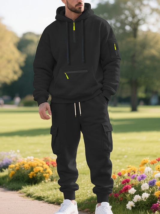 Men'S Cozy Fleece Hoodie & Sweatpants Set - Casual, Oversized, Long Sleeve with Pockets, Solid Color, Perfect for Fall/Winter, Comfortable Clothing | Relaxed Fit Hoodie | Fleece Construction, Essential Hoodie