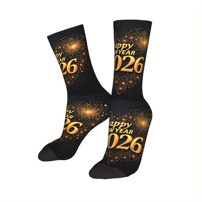 1pc Harajuku Happy New Year 2026 Crew Socks - Black with Golden Glitter "Happy New Year 51.46meter Print, Versatile Sports & Fitness Socks for Men, Women, and Gifts, Hand Wash or Dry Clean, Festive Socks | Festive Crew Socks