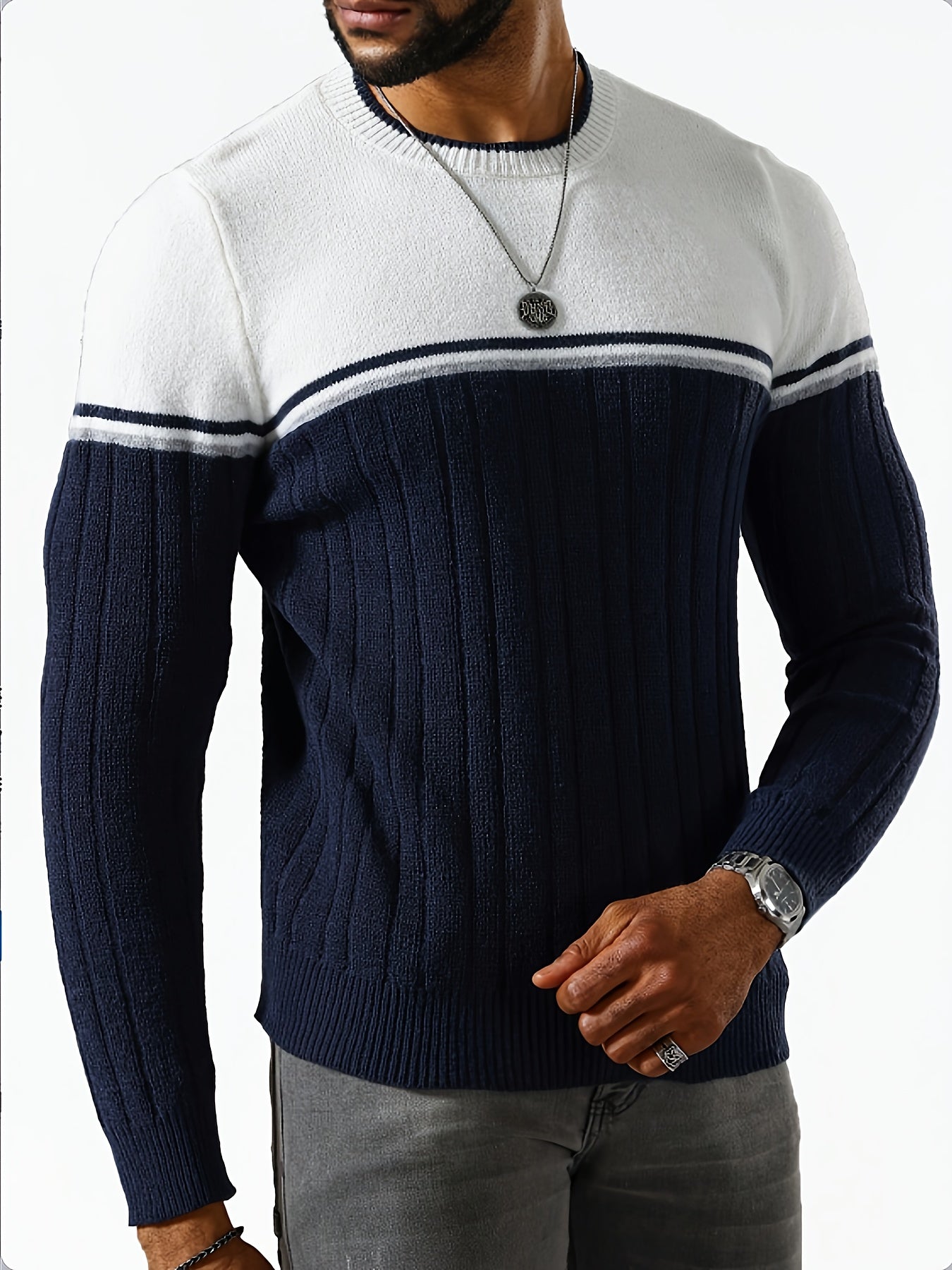 Autumn And Winter Men'S Color-Block Striped Round-Neck Sweater