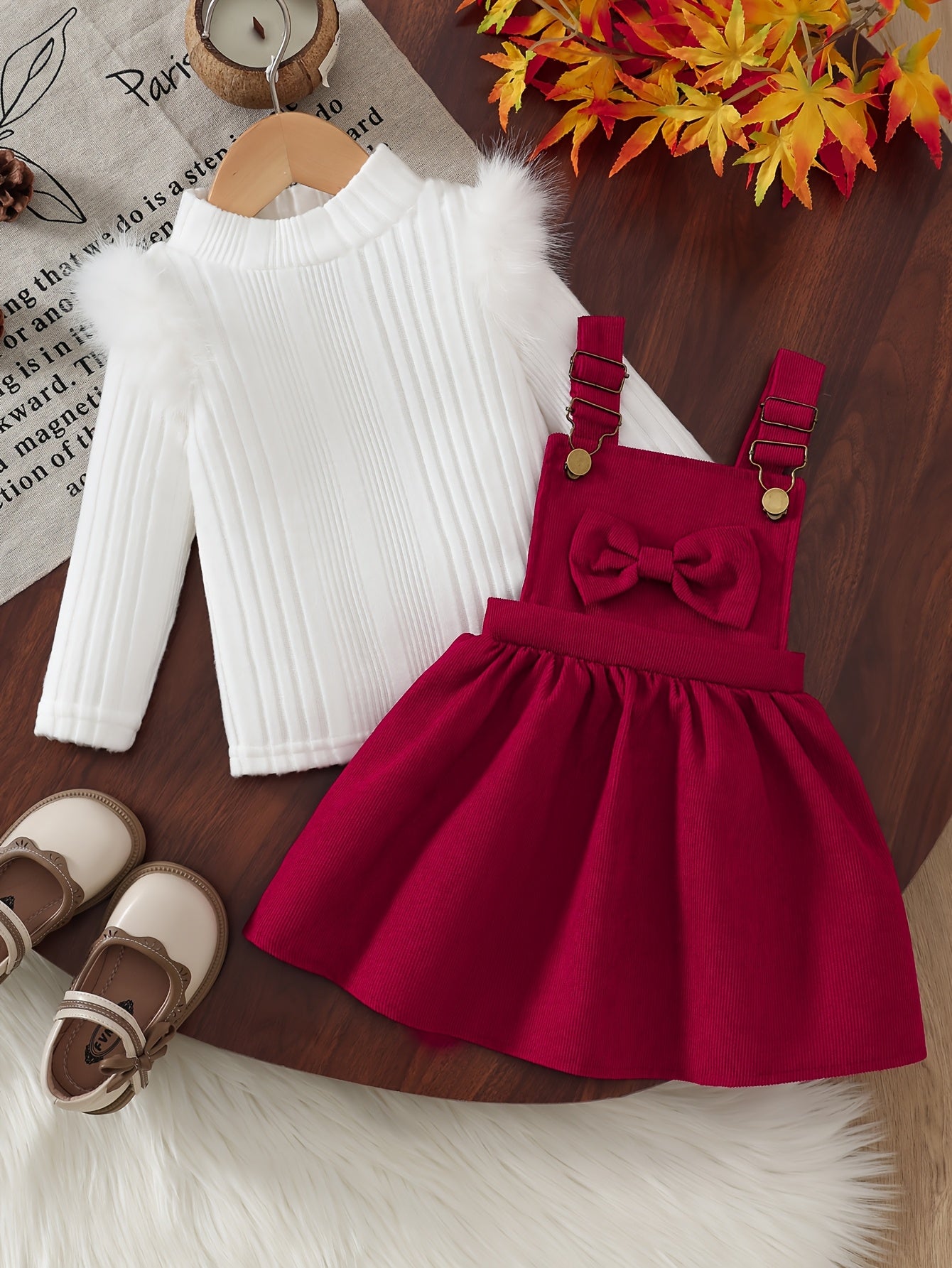 2pcs Baby Winter Outfit Set: Cozy Fluffy Sleeve Smock Dress & A-Line Bow with Collar & Fringe Trim - Soft Warm Clothes for Photoshoots, Christmas (Hand Washable), Perfect for Outdoor