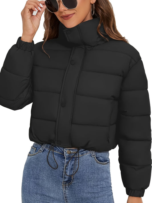 Women'S Lightweight Winter Jacket - Elegant Black Quilted Coat with Stand Collar, Long Sleeves, and Button Front, Perfect for Cold Weather, Stylish Outerwear, Sleek Fabric Design