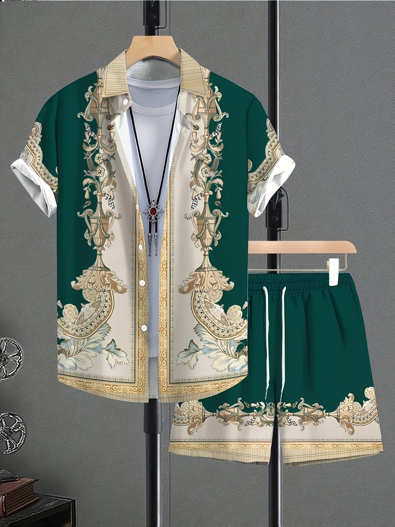 Men's Summer Green Baroque Print Short-Sleeve Shirt & Shorts Set