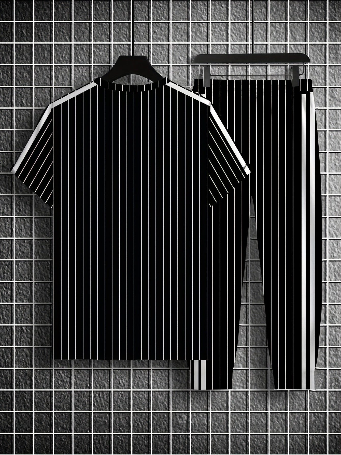 Summer Men's Striped Vertical Stripe 3D Print Casual Sports Short Sleeve Suit Fitness Sportswear Shorts T-shirt Men's Set Outdoor Sports Drawstring Pocket Hoodie Two-piece Set