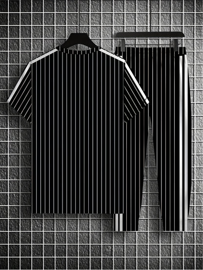 Summer Men's Striped Vertical Stripe 3D Print Casual Sports Short Sleeve Suit Fitness Sportswear Shorts T-shirt Men's Set Outdoor Sports Drawstring Pocket Hoodie Two-piece Set