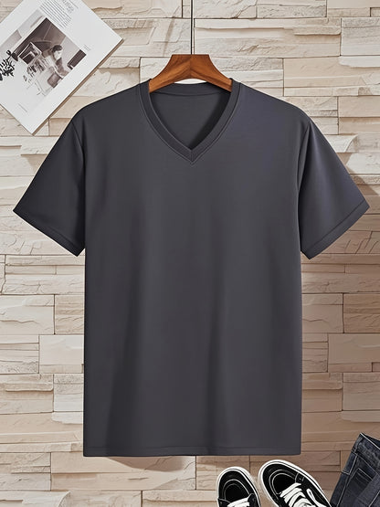 Men'S V-Neck Short Sleeve T-Shirt - Lightweight  Breathable, Casual Fit, Solid Black, Perfect for Summer, High-Quality Knit Fabric, Everyday Tshirt   Casual Style   Comfortable Fit