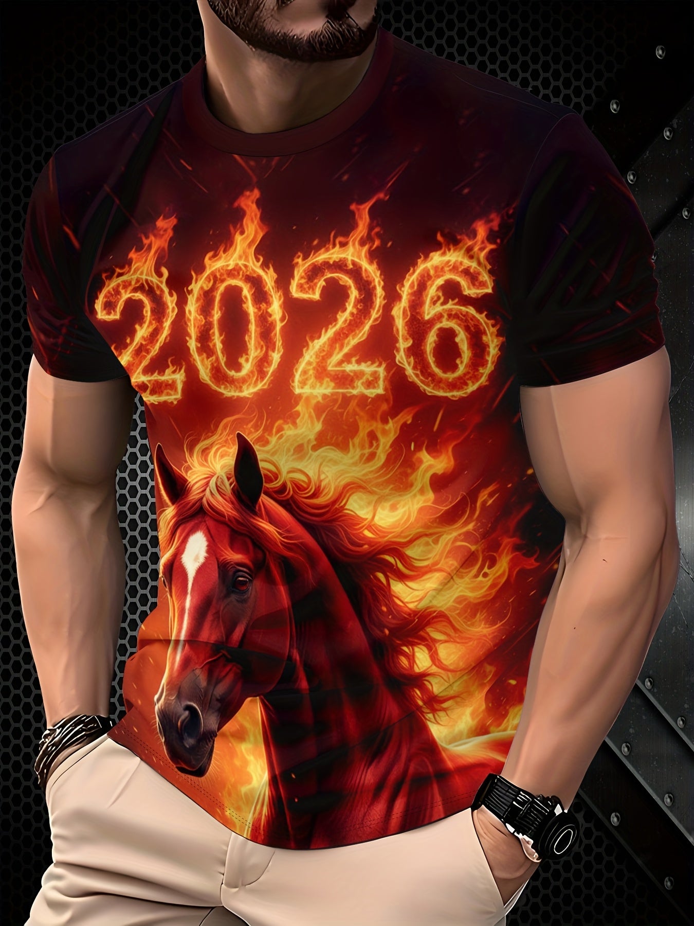 Men's 3D Horse & Flame Graphic T-Shirt with 2026 Number Design - Red & Black Casual Summer Tee, Regular Fit