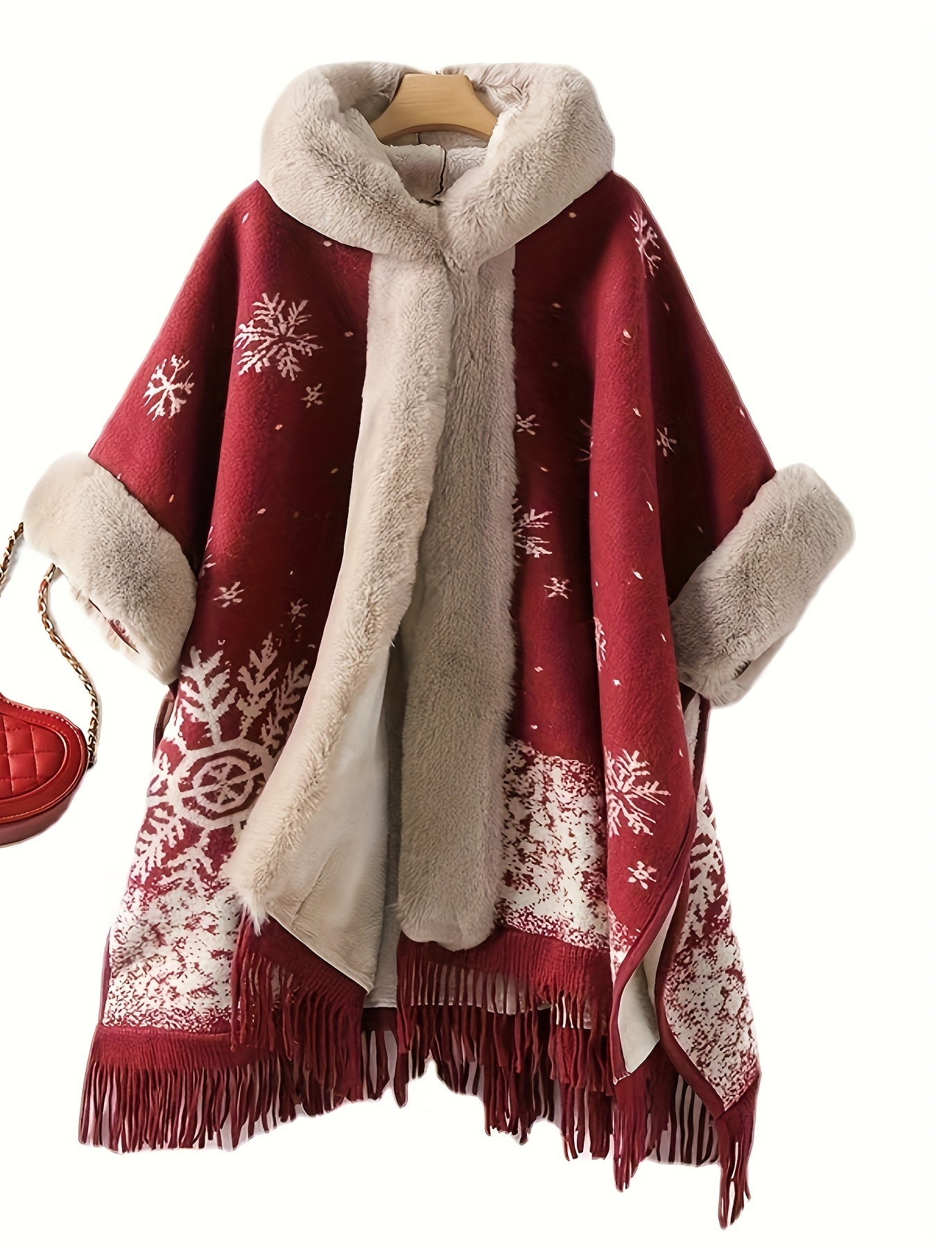 Plus Size, Women's Elegant Red and Beige Christmas Cape - Hooded Winter Cloak with, Non-Stretchy Fabric for Holiday Parties, New Year's Eve, Everyday Winter Outfits - Elegant Special Line, Seasonal Fashion, Stylish Fringe Tri