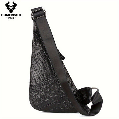 HUMERPAUL Men'S Casual Brown Leather Crossbody Bag with Alligator Print - Adjustable Strap, Multi-Compartment, Everyday Commute Shoulder Bag, Everyday Bag   Casual Style Bag   Adjustable Strap Bag