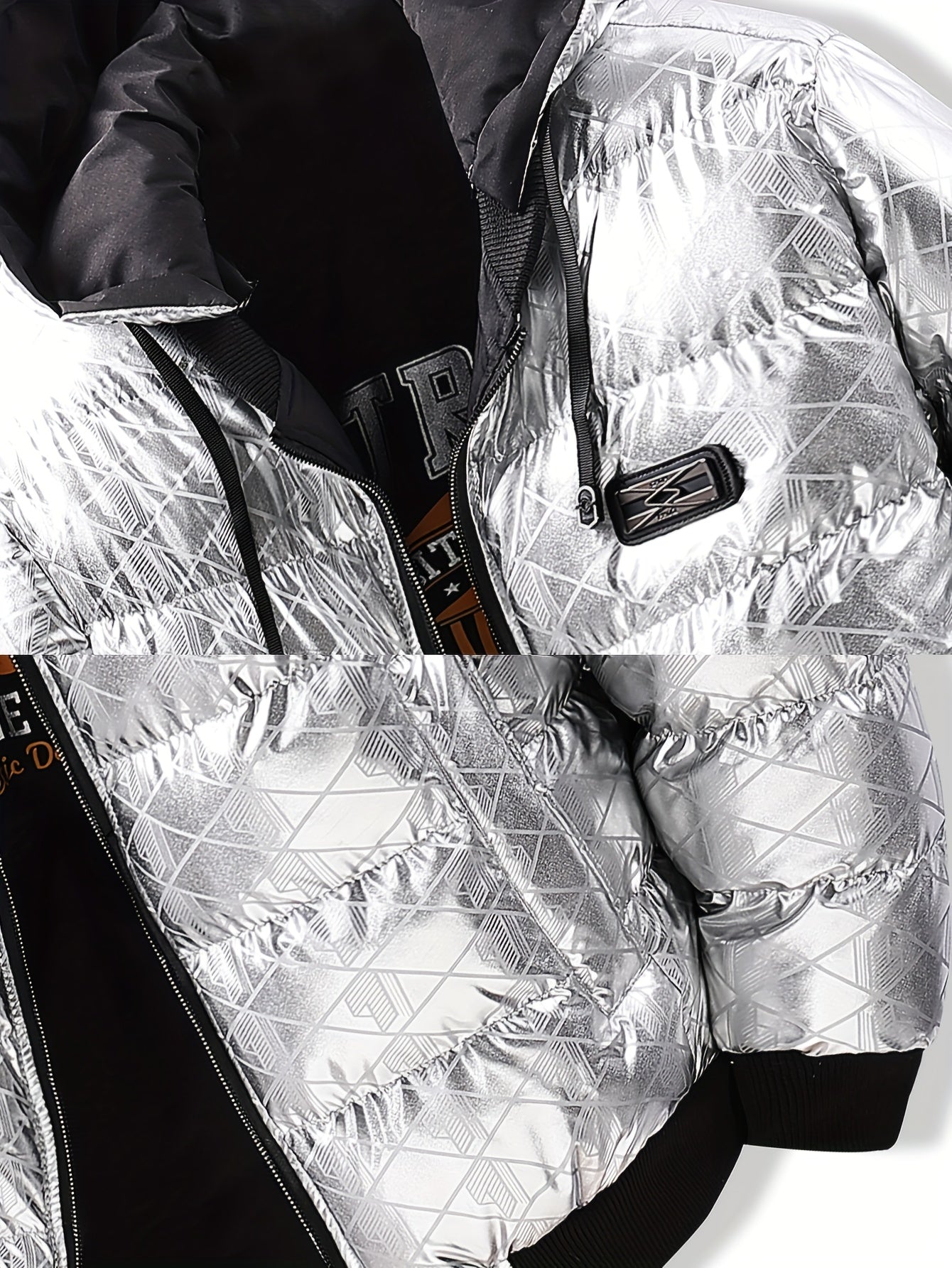 Men'S Stylish Hooded Winter Jacket - Thickened, Warm, and Trendy with Geometric Pattern, Black with Orange Accents, Polyester Filler, Perfect for Cold Weather, Winter Jacket Hooded