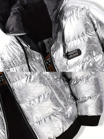 Men'S Stylish Hooded Winter Jacket - Thickened, Warm, and Trendy with Geometric Pattern, Black with Orange Accents, Polyester Filler, Perfect for Cold Weather, Winter Jacket Hooded