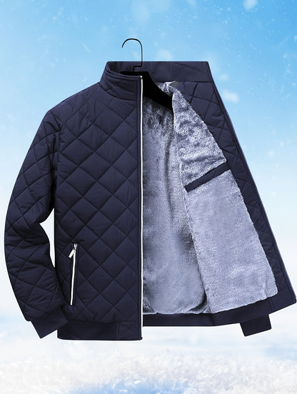 Men'S Diamond Pattern Fleece-Lined Jacket | Casual Stand Collar Warm Coat with Zipper Closure for Autumn and Winter