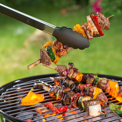 Sturdy Kitchen Tongs Made of Stainless Steel with Silicone Ends - Resistant to Heat, Equipped with a Locking Feature for a Secure Grip, Offered in Lengths of 17.78 cm, 22.86 cm, And 30.48 cm, in Black.