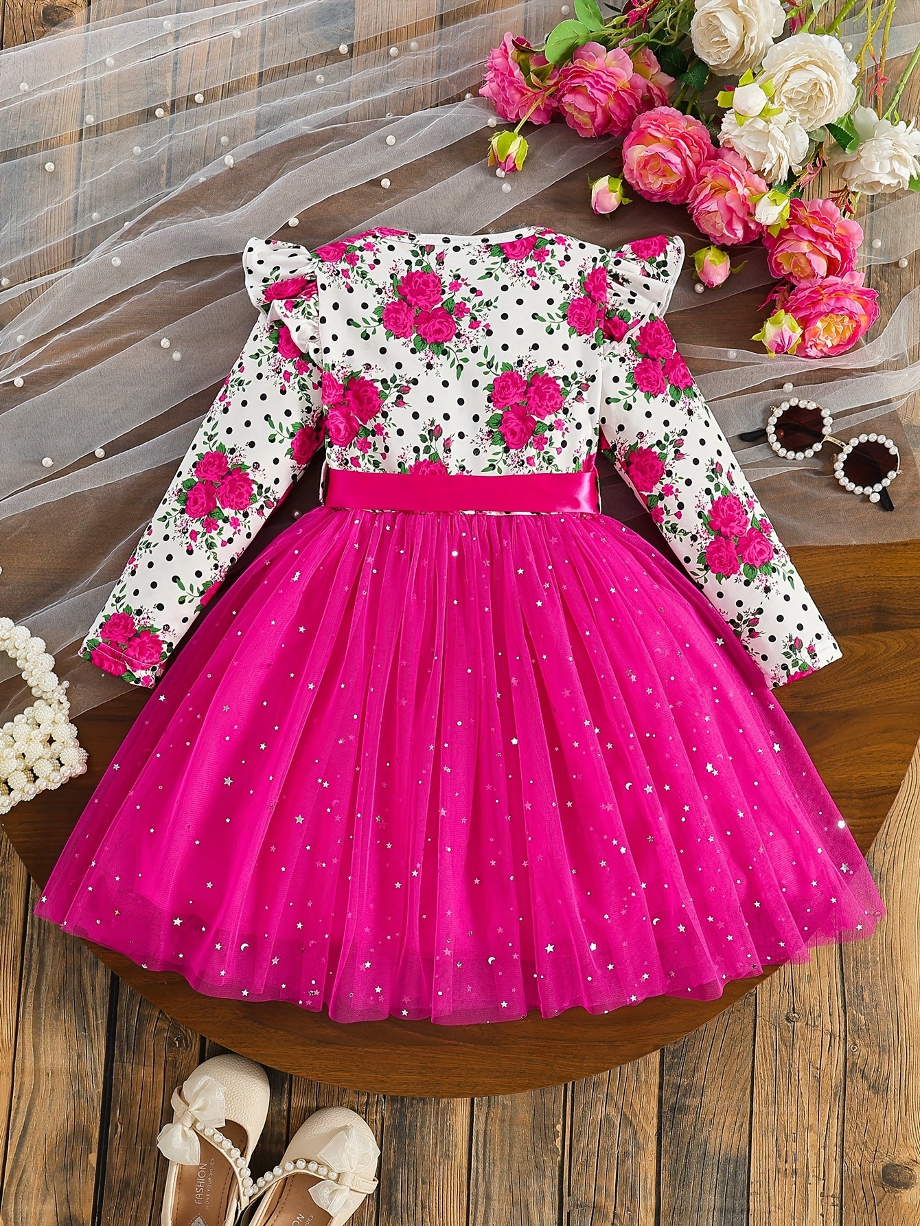 COVIVIKY Girls' Elegant Long Sleeve Party Dress with Puff Skirt & Sheer Panel - Knee-Length A-Line Wedding Prom Dress, Belted Waist Bow & Netting Trim, Hand Washable Winter Formal Gown for Girls (Age 4-12)